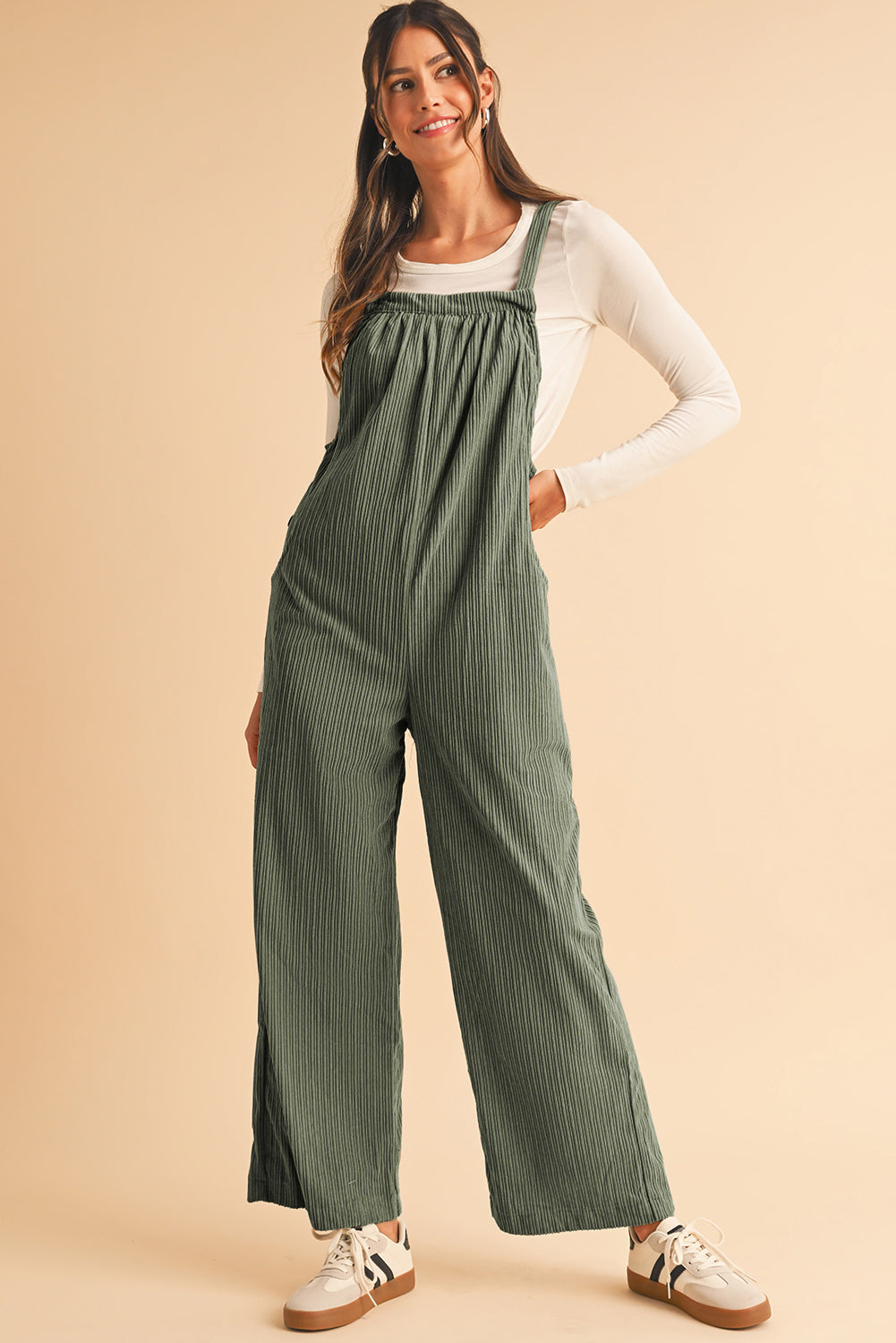 Jungle Green Loose Fit Corduroy Overalls