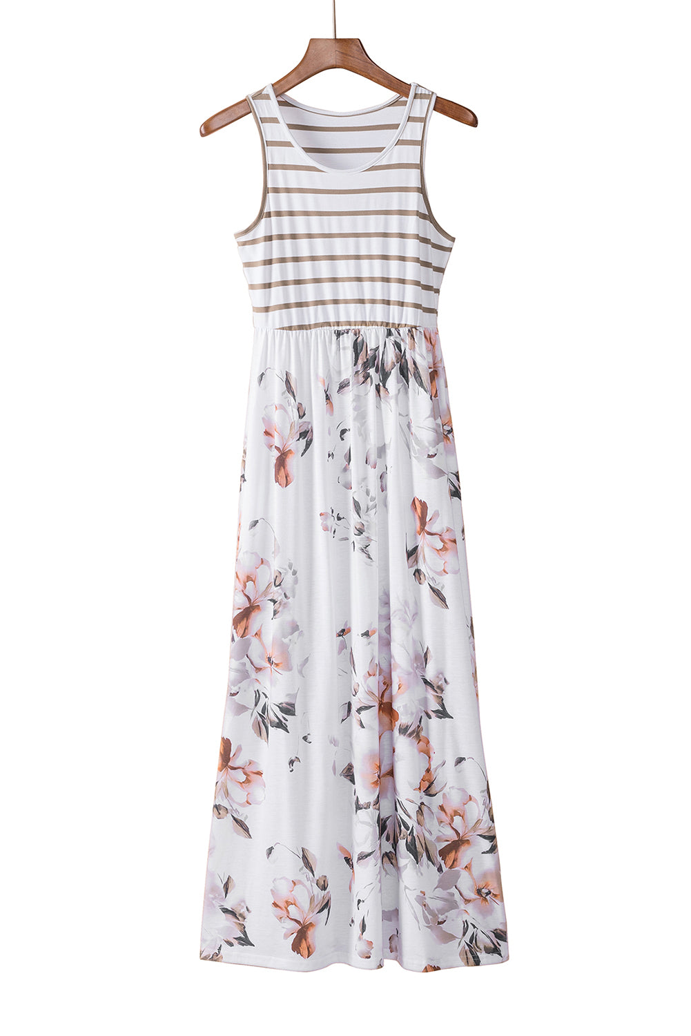 White Boho Stripes & Floral Print Floor Length Tank Dress