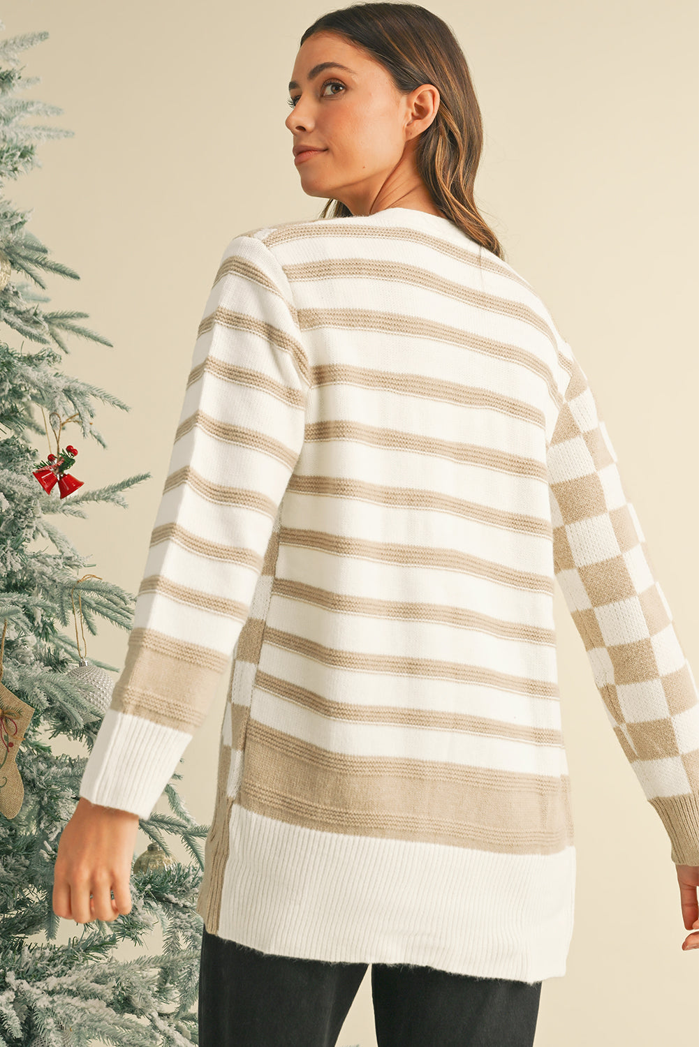 Beige Striped Knitted Cardigan