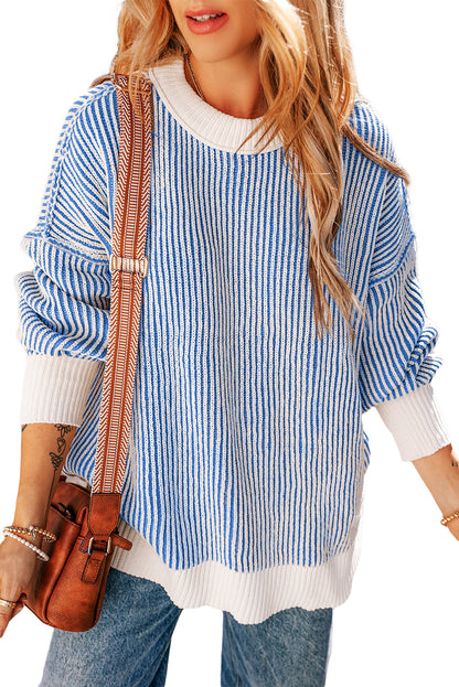 Dark Blue Striped Loose Sweater