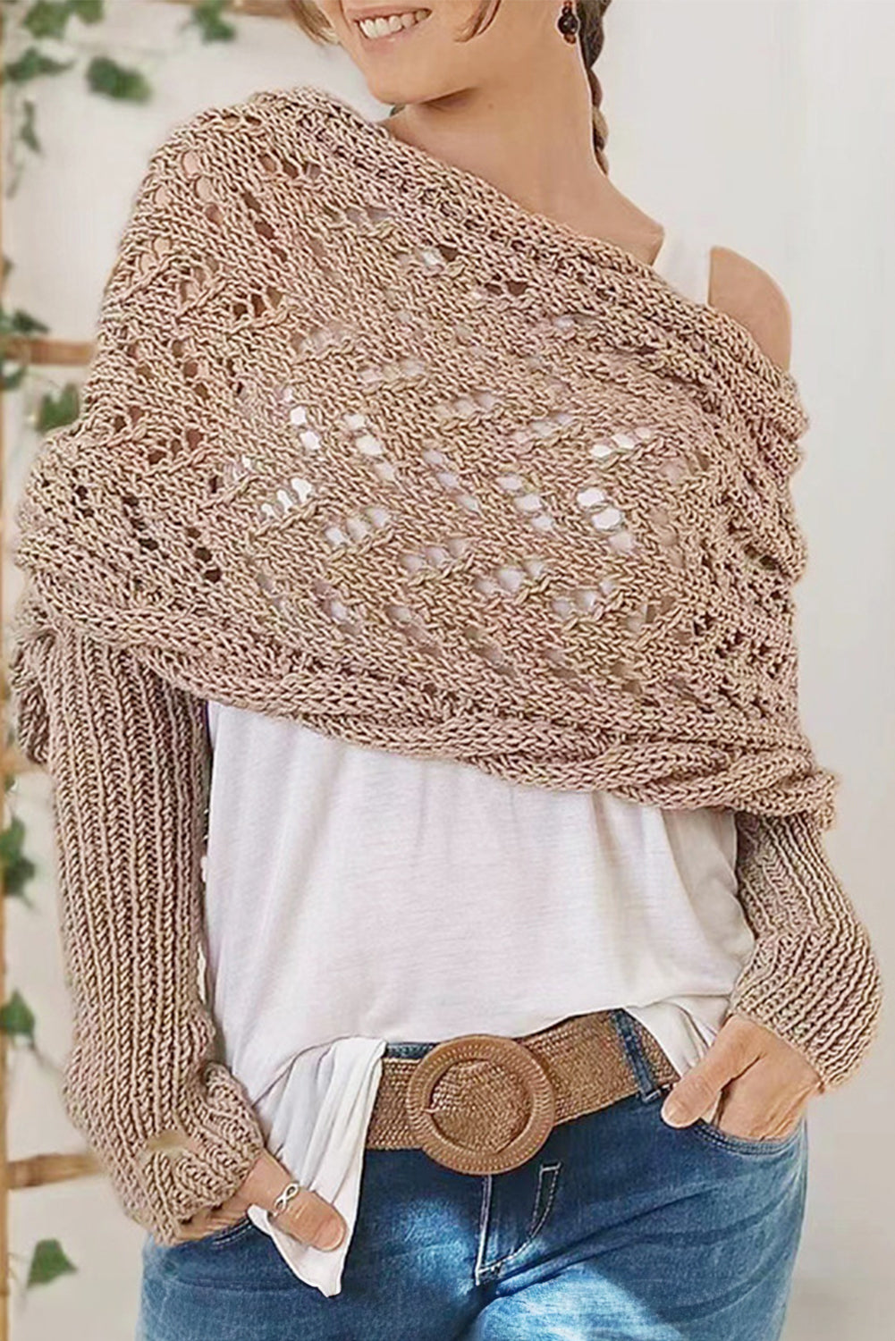 Camel Knit Scarf with Sleeves