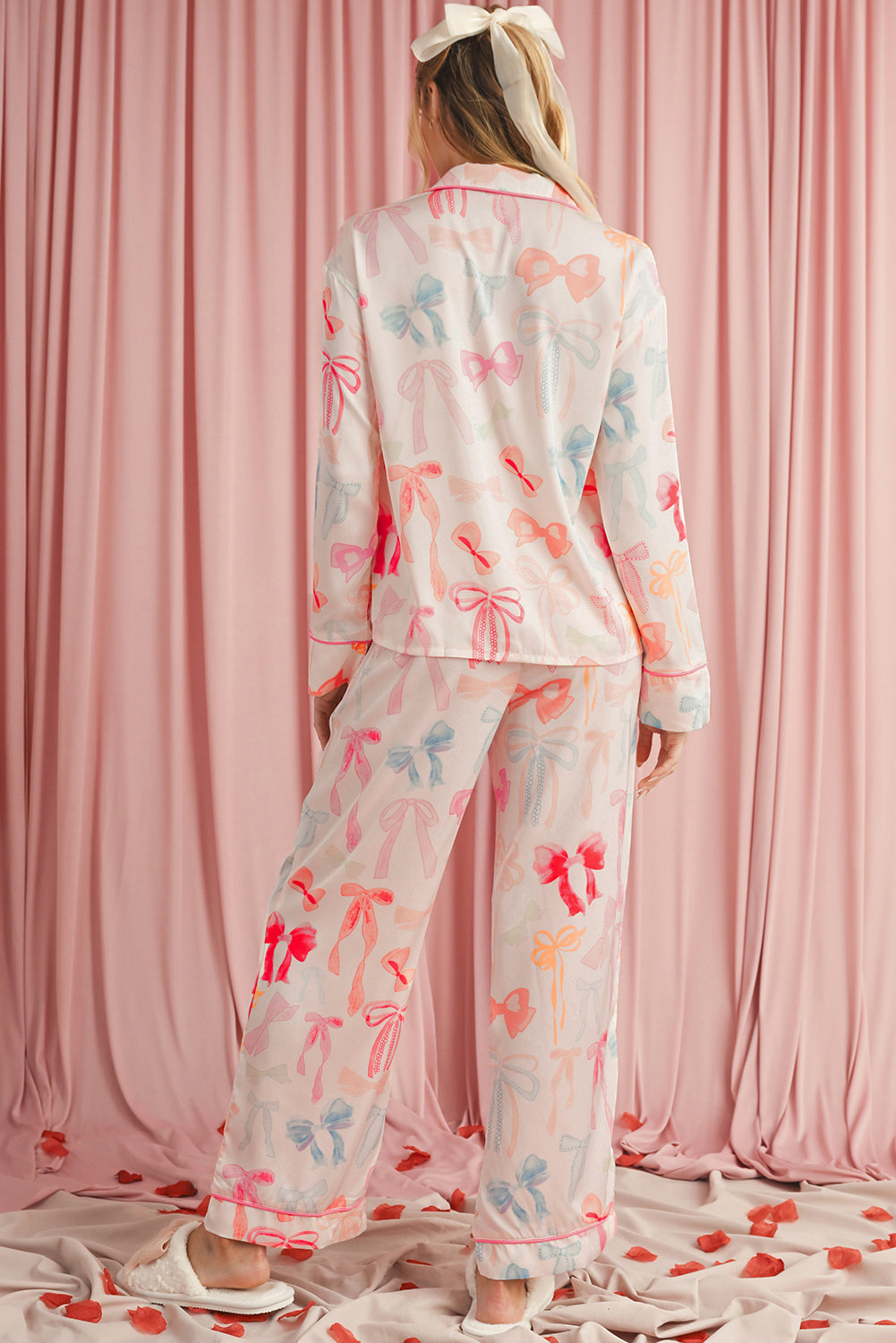 White Bow Print Satin Pajama Set