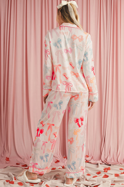 White Bow Print Satin Pajama Set