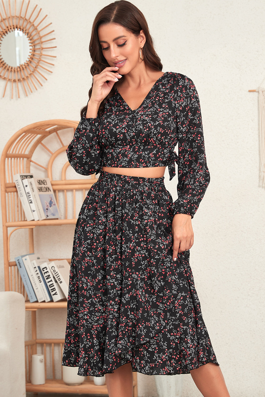 Black Floral Print Cropped Top Midi Skirts Set