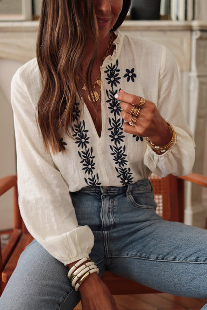 White Floral Embroidered Blouse