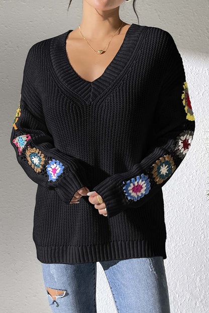 Black Crochet Flower Sweater