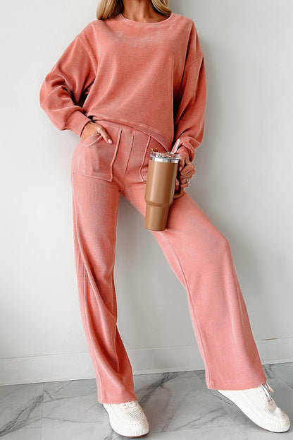 Blossom Ribbed Drop Shoulder Sweatshirt Pocketed Pants Set