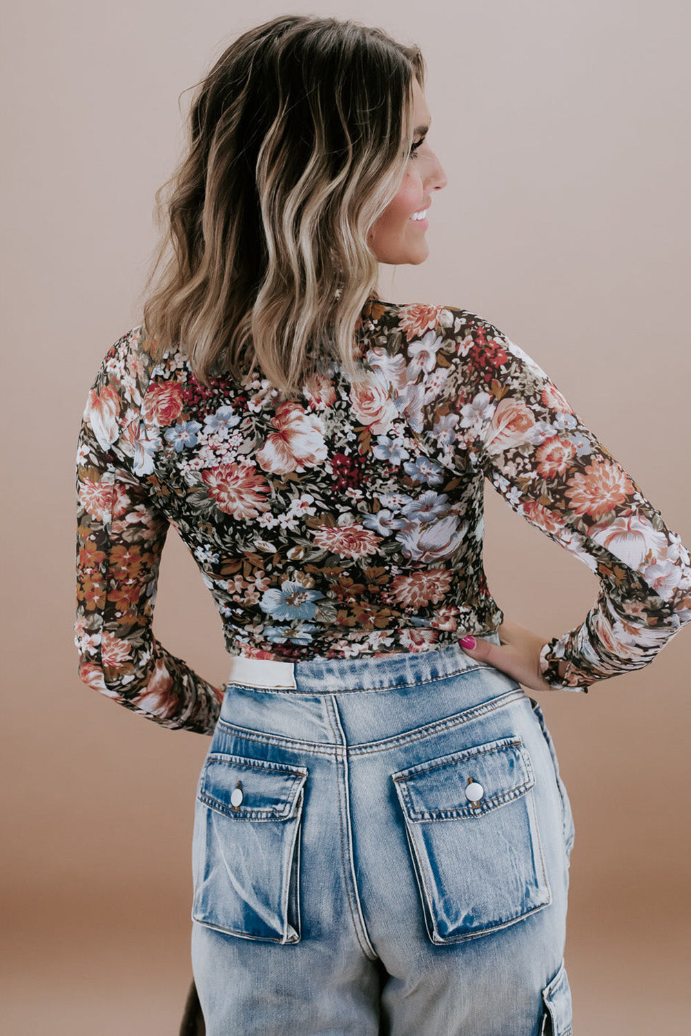 Brown Floral Print Mesh Top