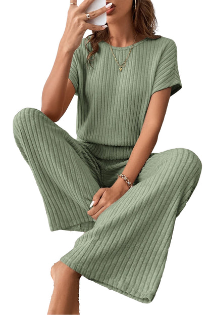 Ribbed Short Sleeve Wide Leg Jumpsuit