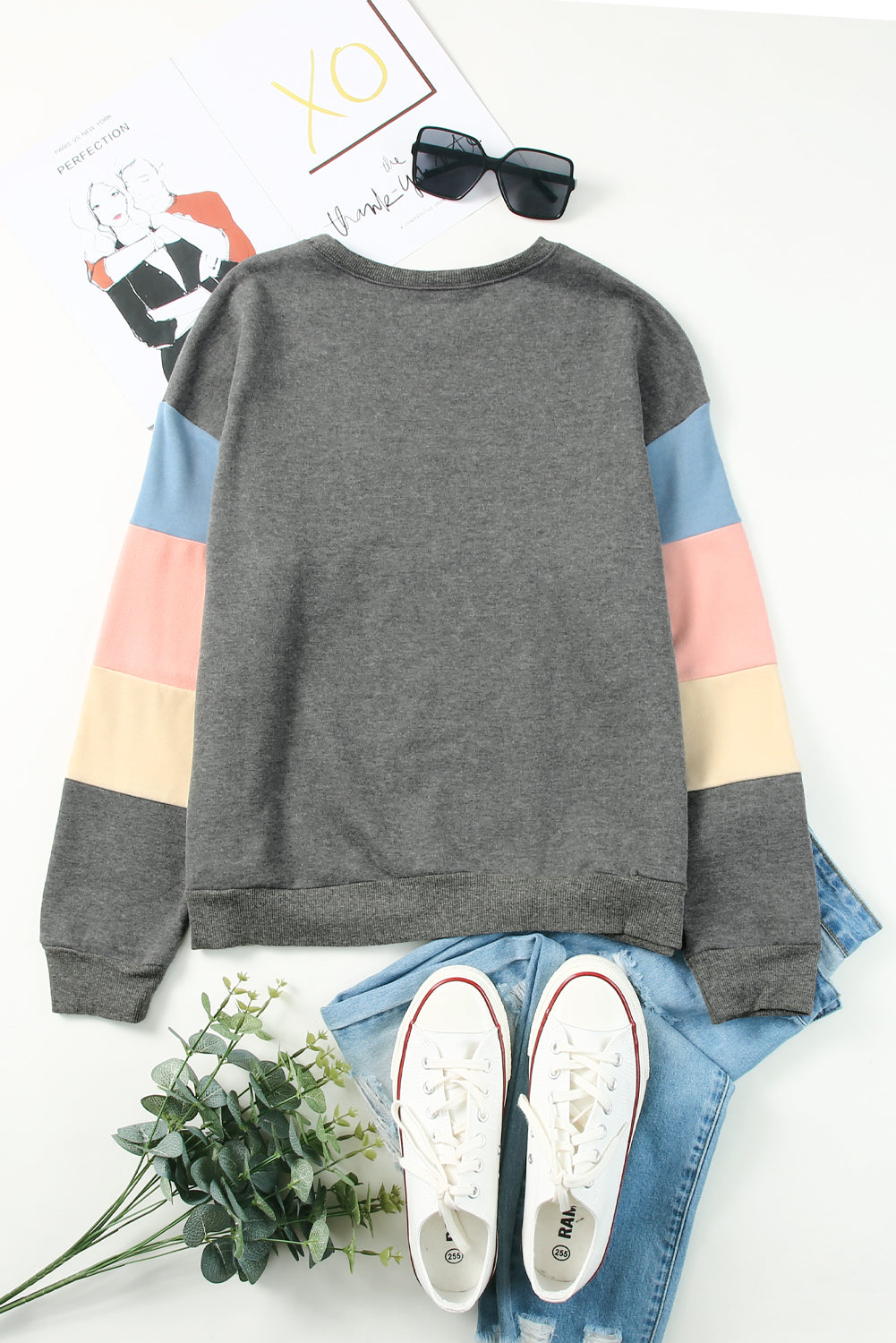 Dark Blue Color Block Casual Drop Sleeve Sweatshirt