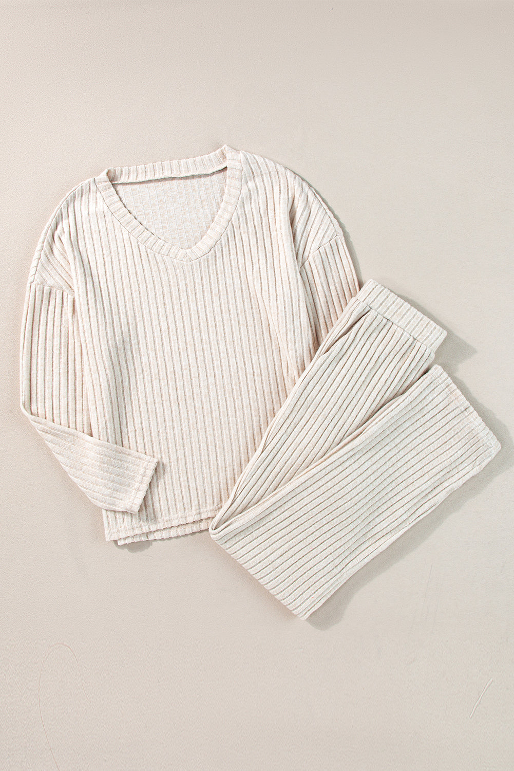 Ribbed Knit V Neck Top & Pants Loungewear Set