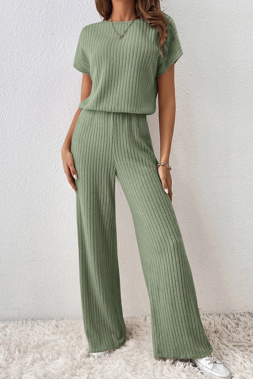 Ribbed Short Sleeve Wide Leg Jumpsuit