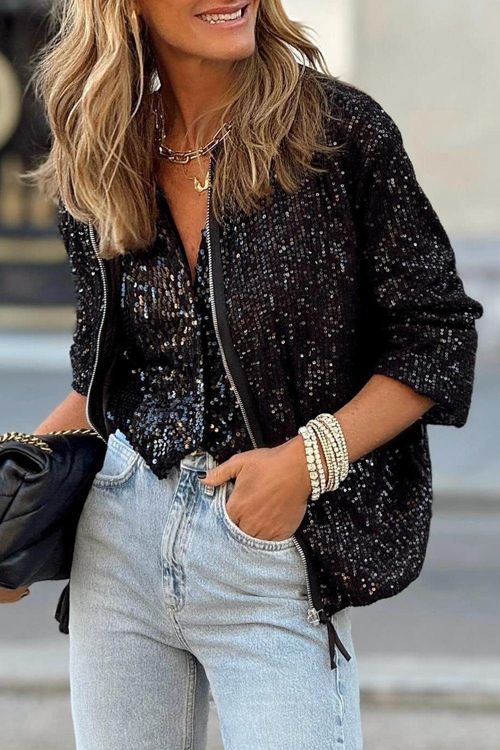 Sequin Zipper-up Jacket