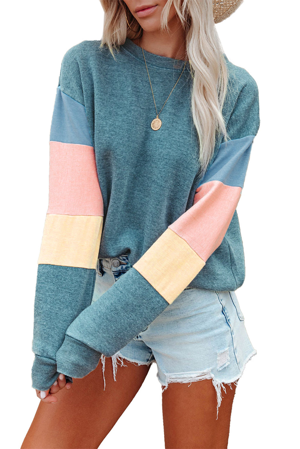 Dark Blue Color Block Casual Drop Sleeve Sweatshirt