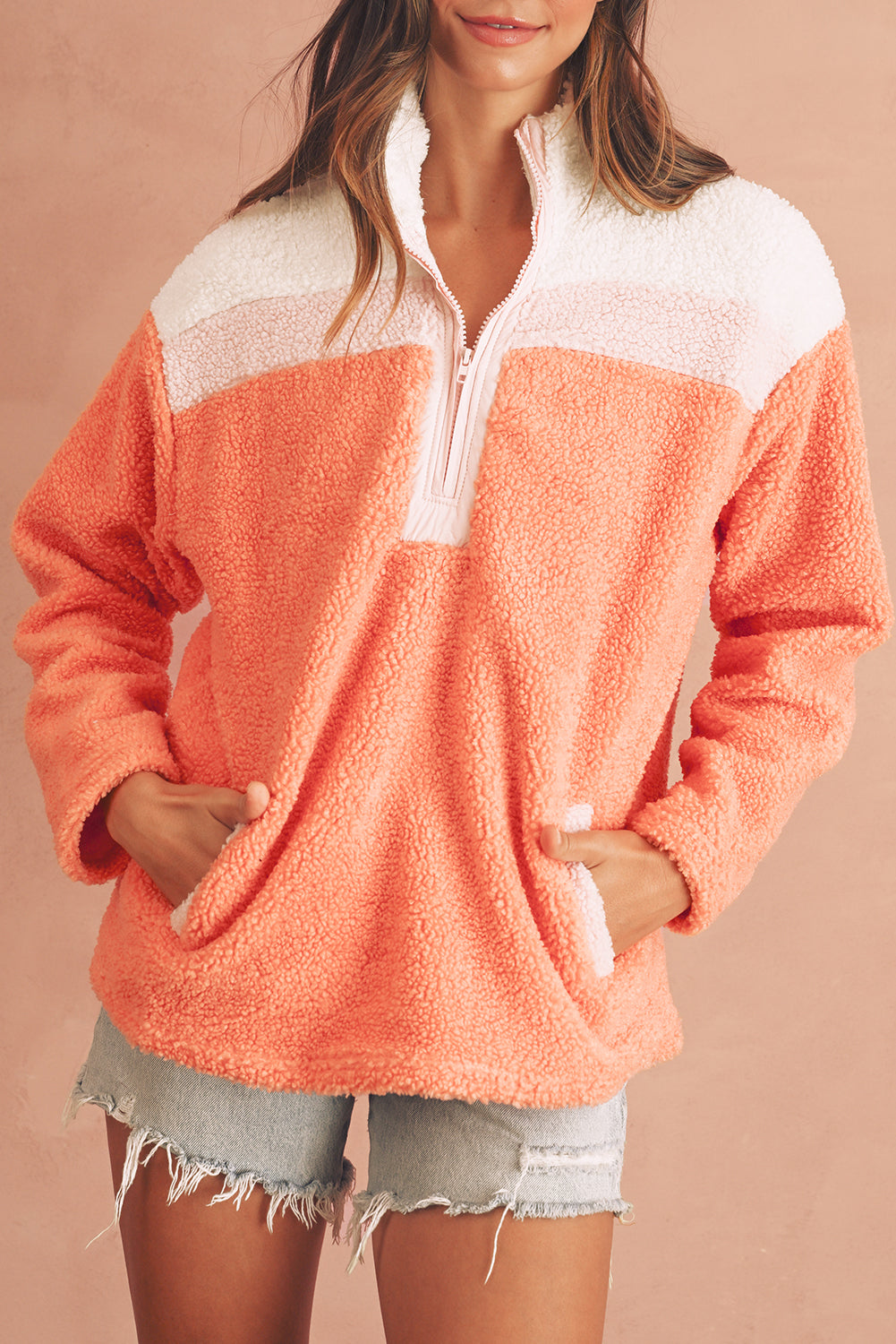 Orange Colorblock Sherpa Sweatshirt