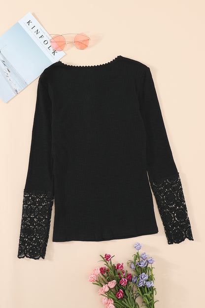 Black Lace Crochet Henley Shirt