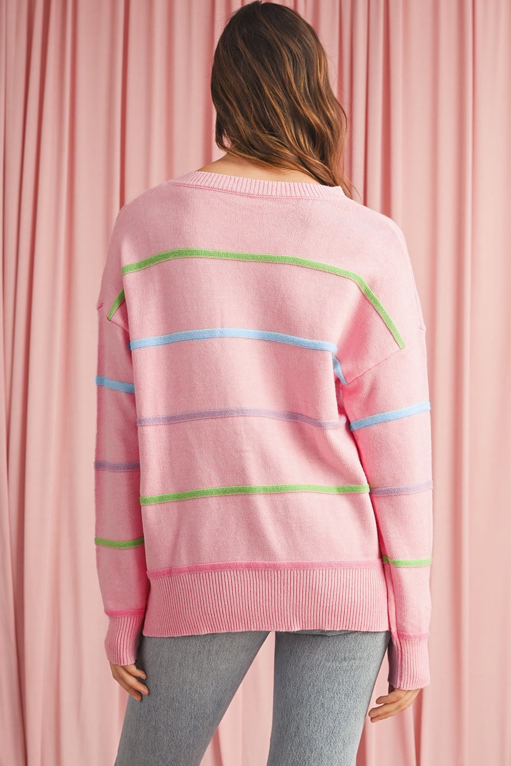 Pink Rainbow Striped Henley Sweater