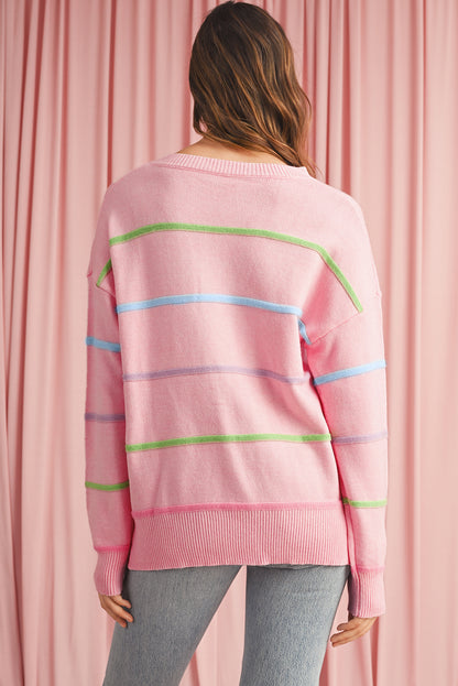 Pink Rainbow Striped Henley Sweater