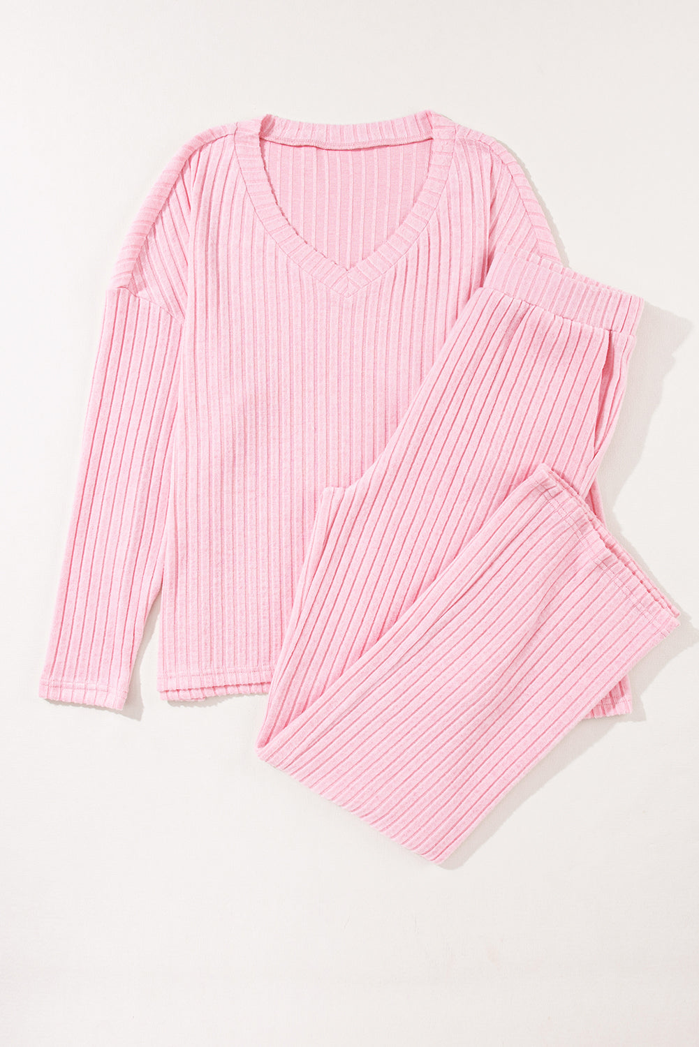 Ribbed Knit V Neck Top & Pants Loungewear Set