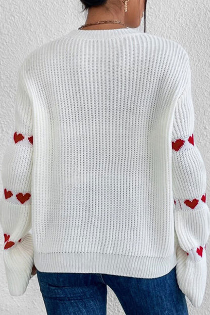 White Red Heart Pattern Knit Sweater