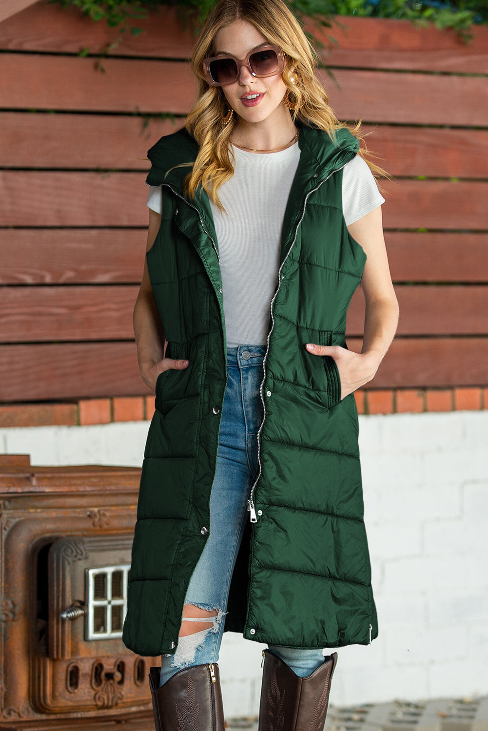 Green Hooded Long Vest Coat