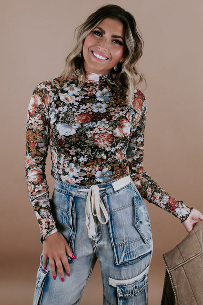 Brown Floral Print Mesh Top