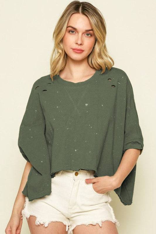 Green Distressed Asymmetrical T-Shirt