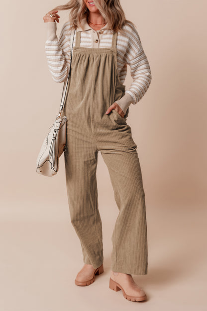 Beige Loose Fit Corduroy Overalls