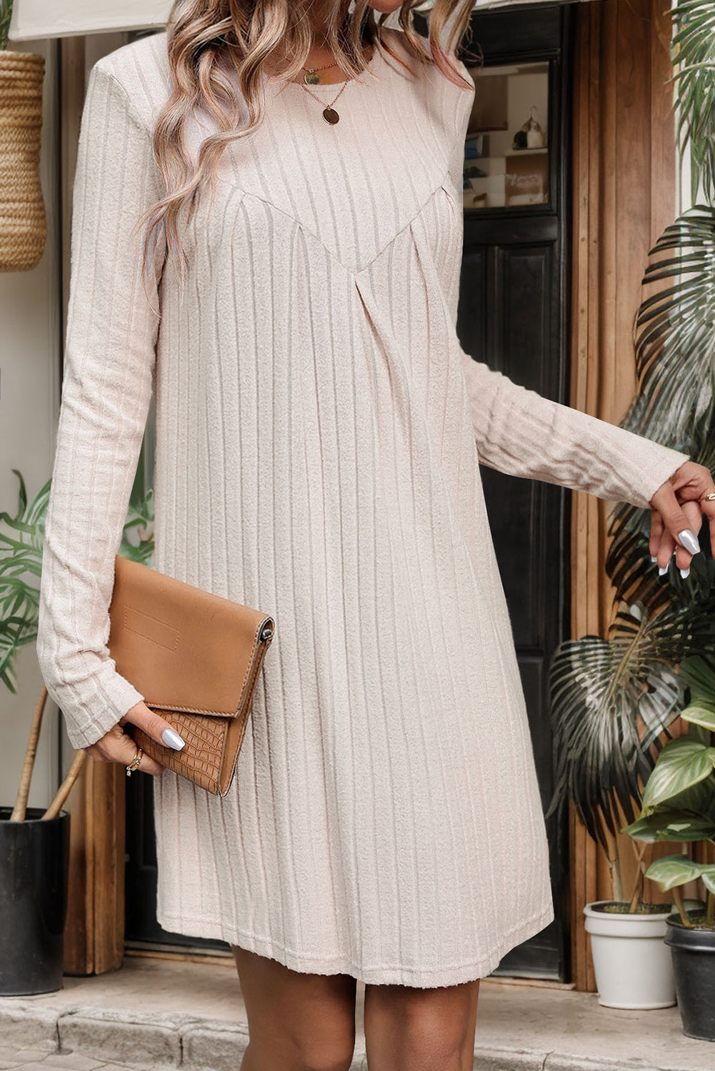 Beige Striped Knit Dress