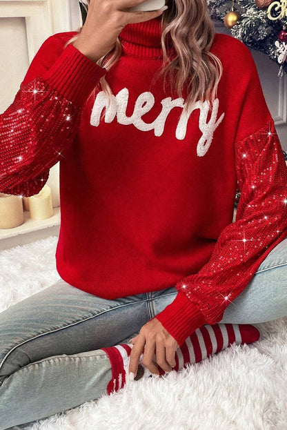 Red Merry Graphic Sequin Sleeves Christmas Sweater