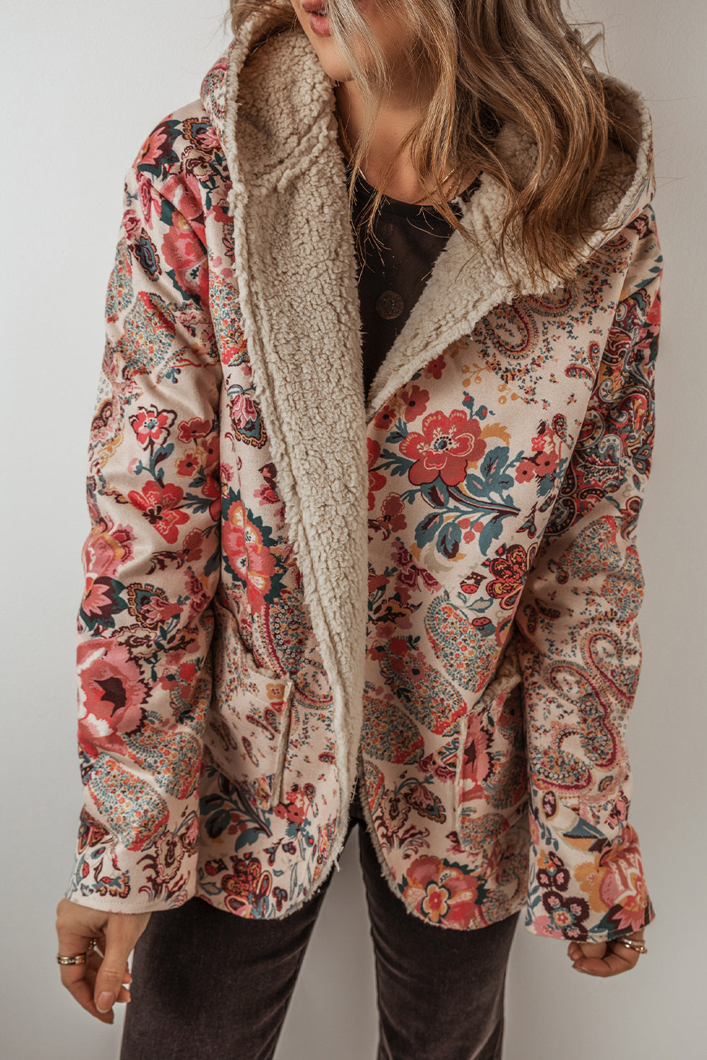 Beige Vintage Paisley Floral Printed Sherpa Lined Hooded Jacket