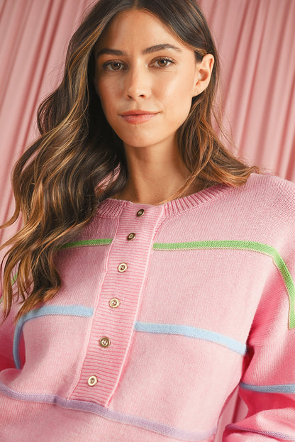 Pink Rainbow Striped Henley Sweater