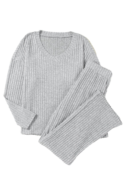 Ribbed Knit V Neck Top & Pants Loungewear Set