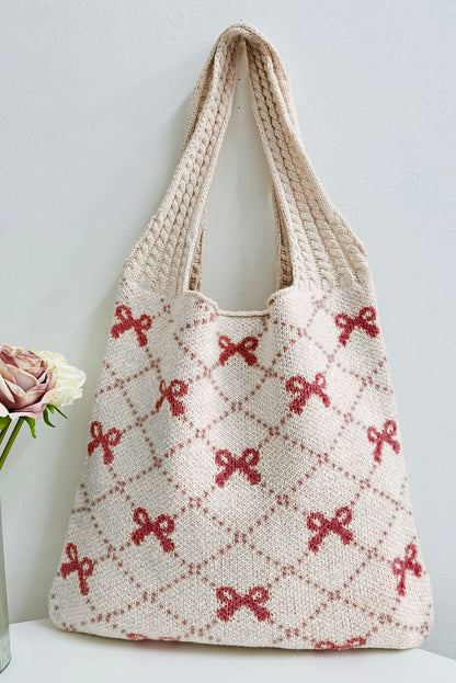 Red Bow Argyle Pattern Knit Tote Bag