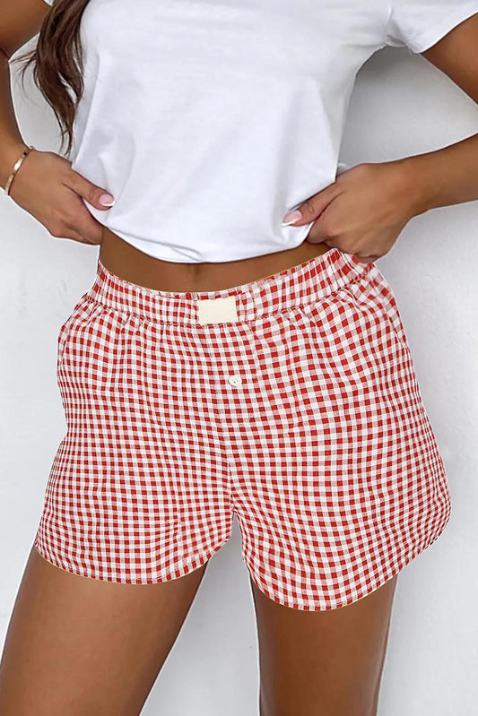 Red Vintage Plaid Print High Waisted Shorts