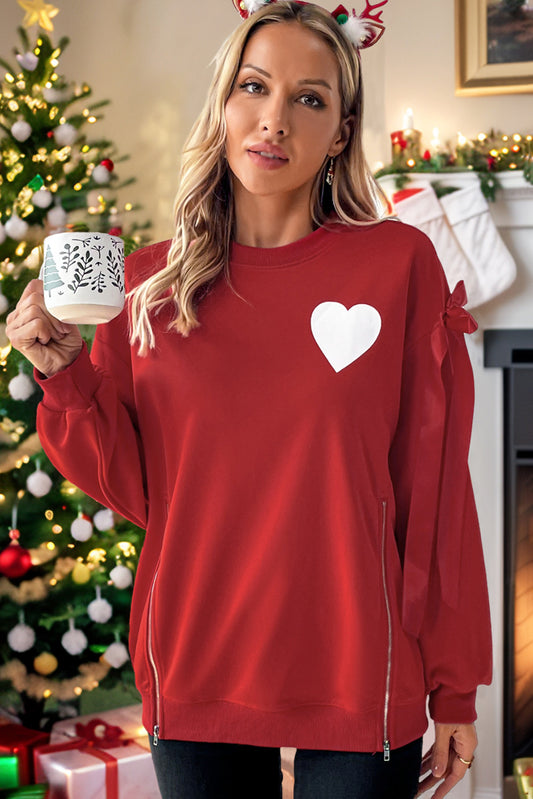 Red Heart Print Bow Decor Sweatshirt