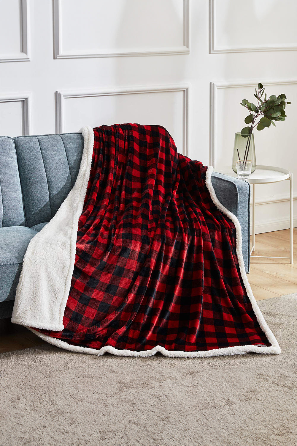 Fiery Red Plaid Print Sherpa Throw Blanket