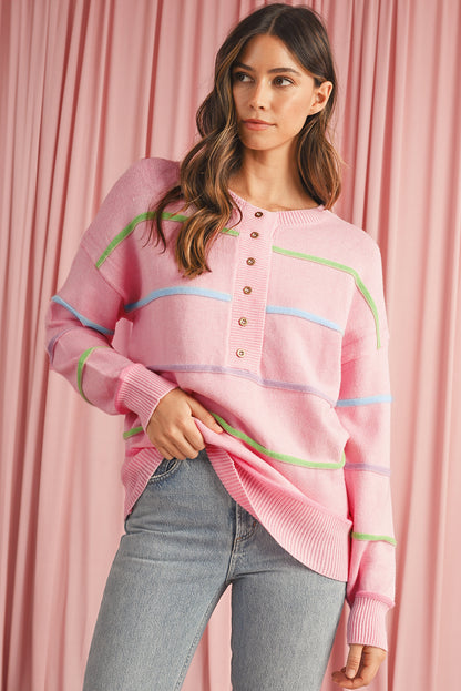 Pink Rainbow Striped Henley Sweater