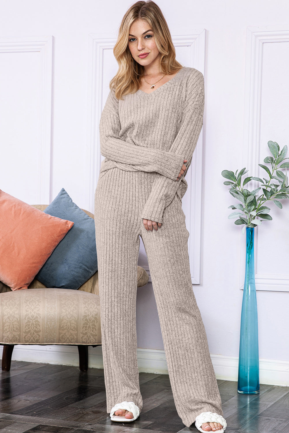 Ribbed Knit V Neck Top & Pants Loungewear Set