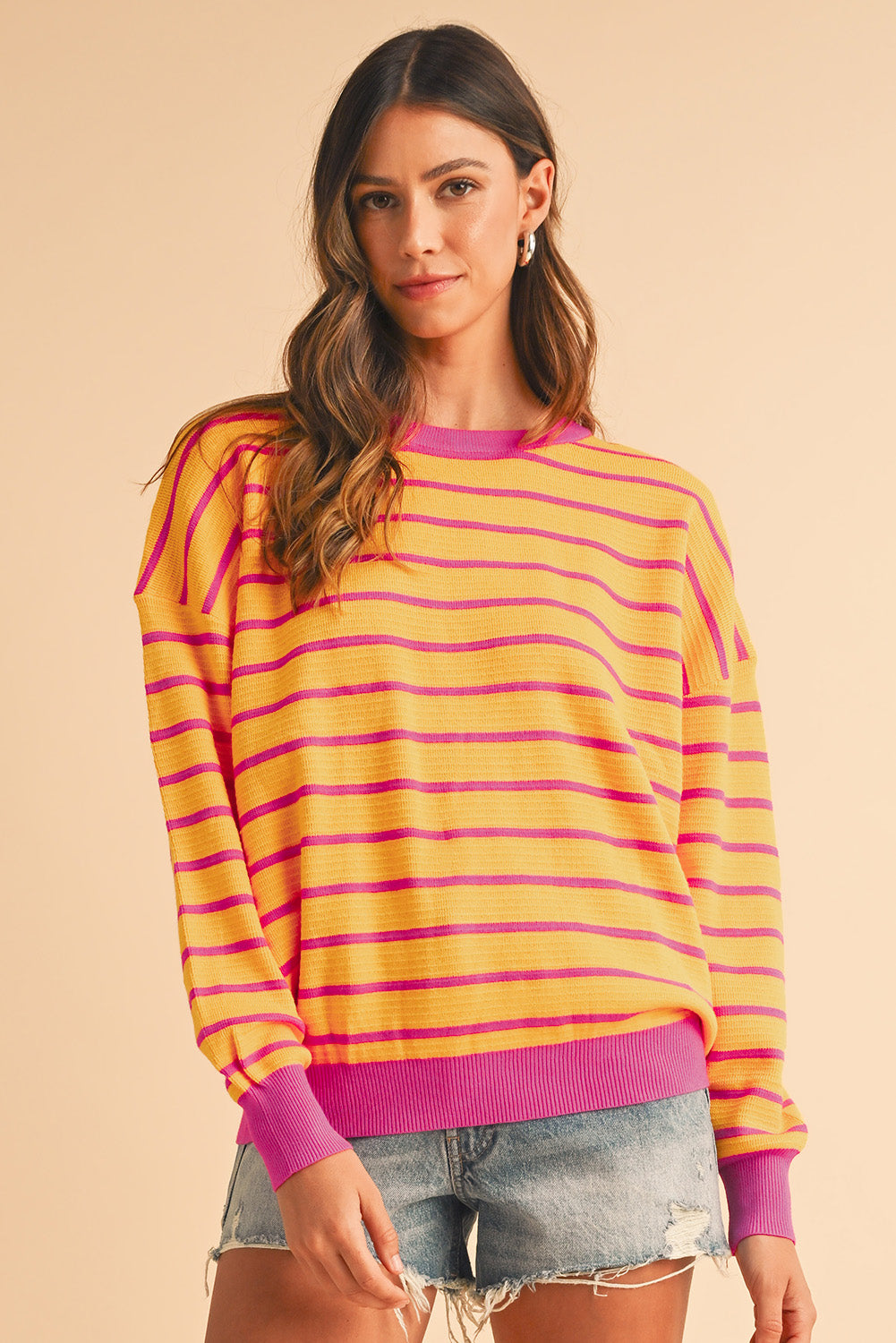 Striped Round Neck Drop Shoulder Sweater