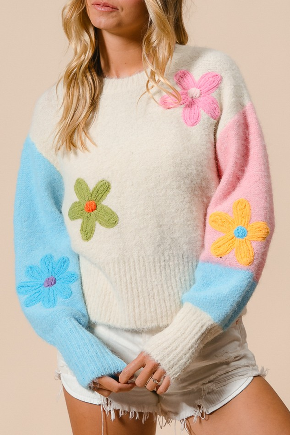 Multicolour Cute Flower Colorblock Knit Sweater