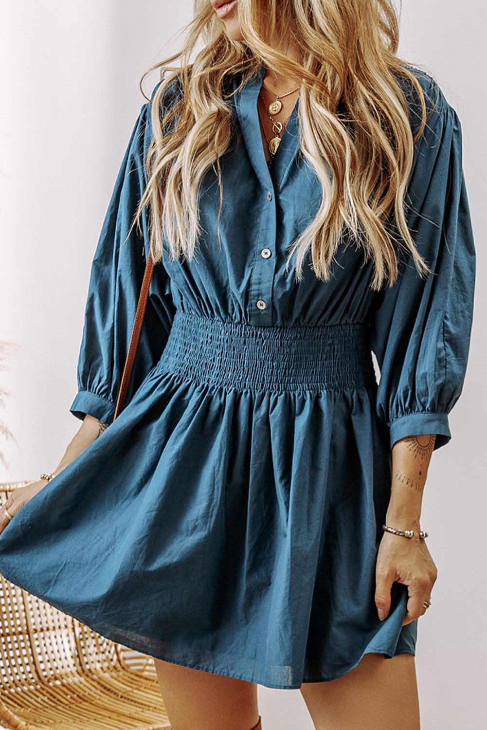 Blue 3/4 Sleeve Mini Dress