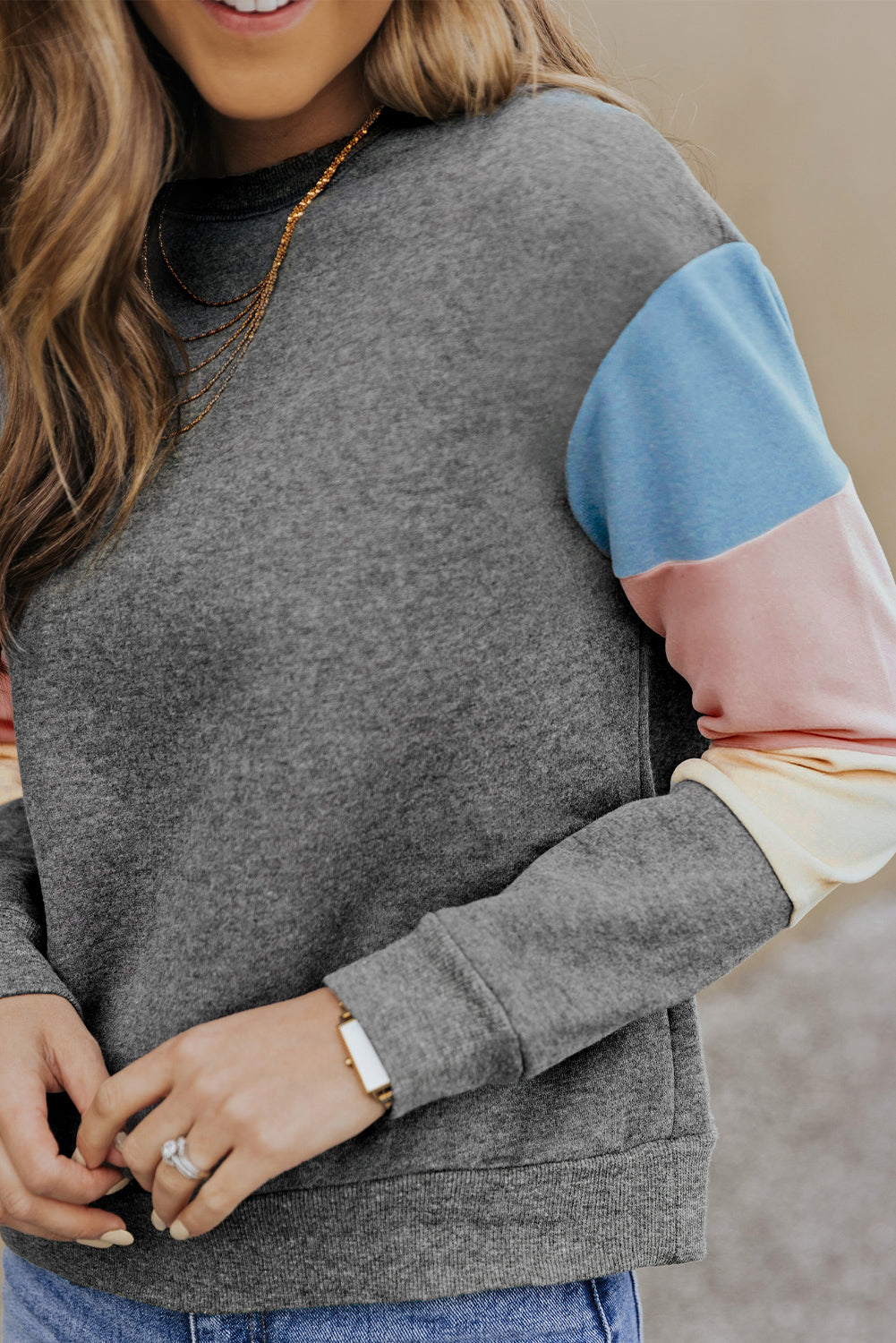 Dark Blue Color Block Casual Drop Sleeve Sweatshirt