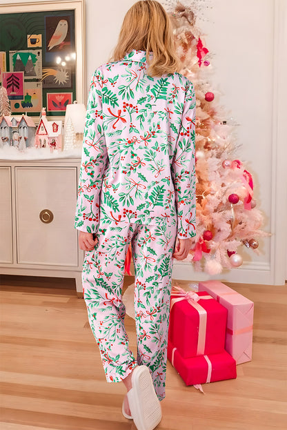 Pink Christmas Plants Print Pajama Set