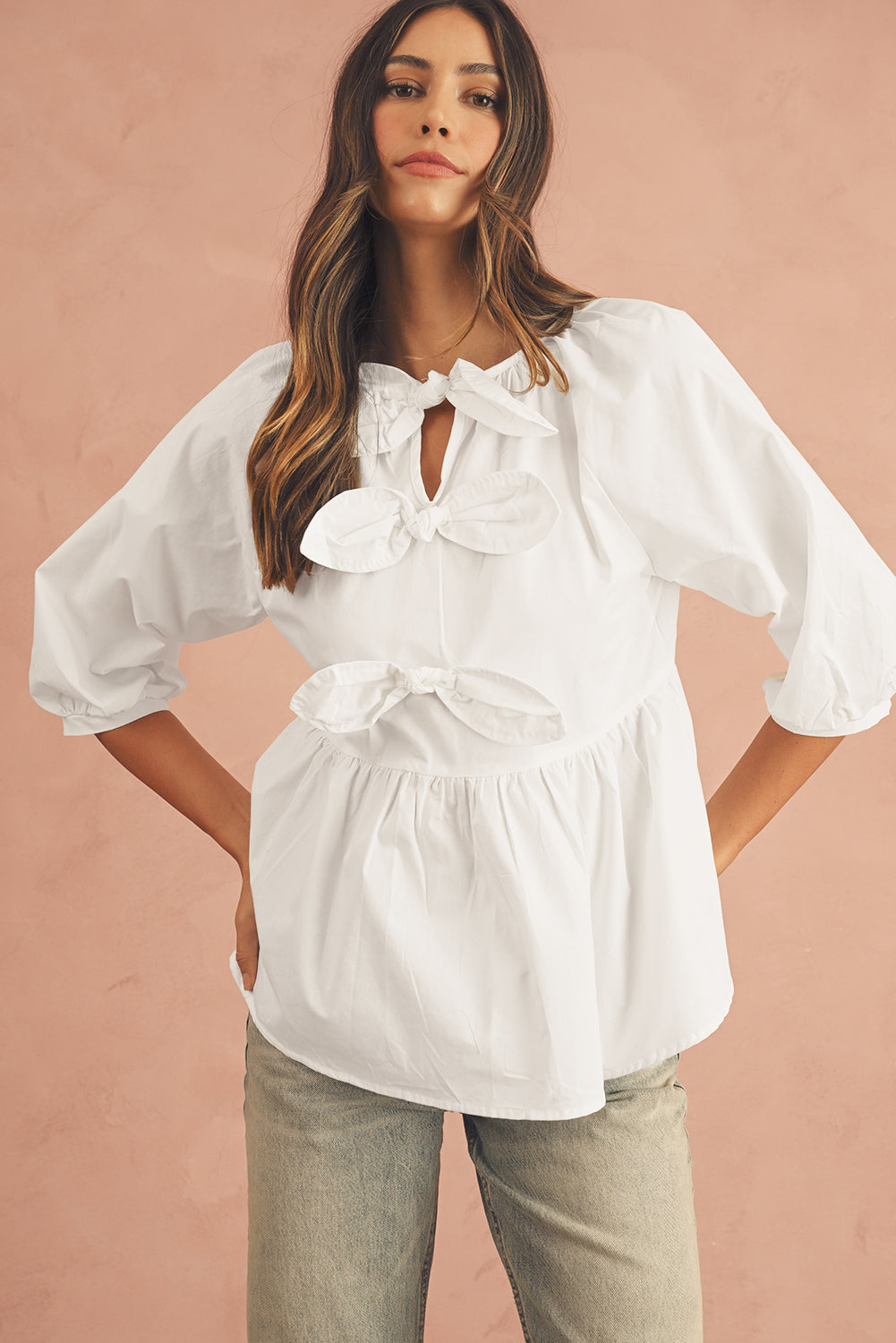 White Bow Knot Loose Fit Blouse