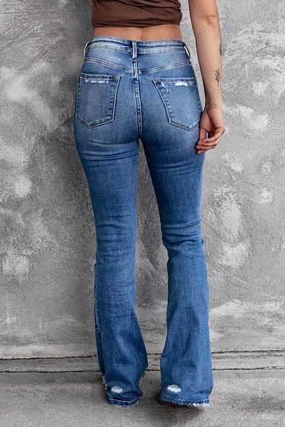 Dark Blue Ripped Raw Hem High Waist Flare Jeans