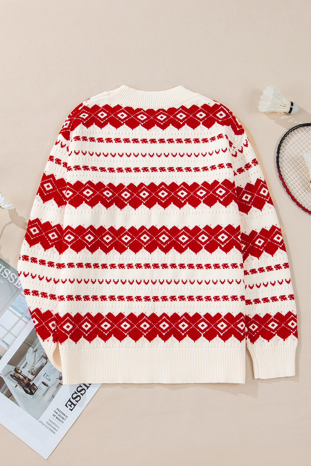 White Geometric Patterned Crew Neck Loose Sweater