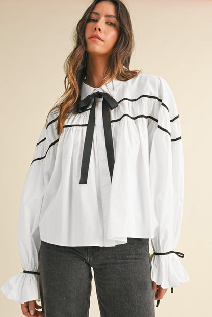 White Bowknot Long Sleeve Blouse