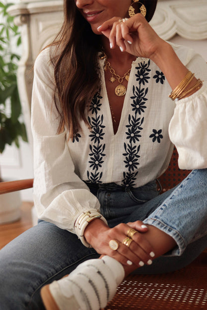 White Floral Embroidered Blouse