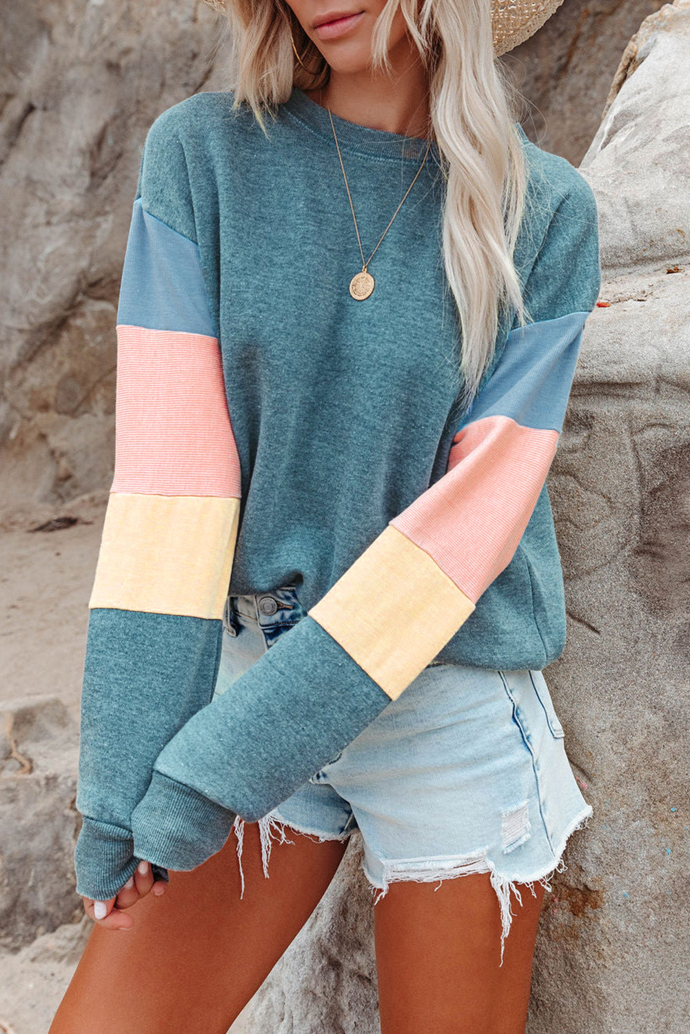 Dark Blue Color Block Casual Drop Sleeve Sweatshirt